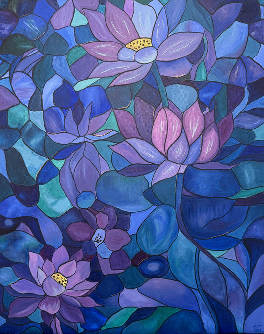 Colorful abstract painting of lotus flowers in shades of purple, blue, and green.
