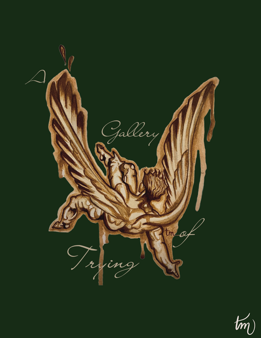 Wooden sculpture of Icarus  in flight on a dark green background with 'Gallery of Trying' text. Greek Mythology inspired.